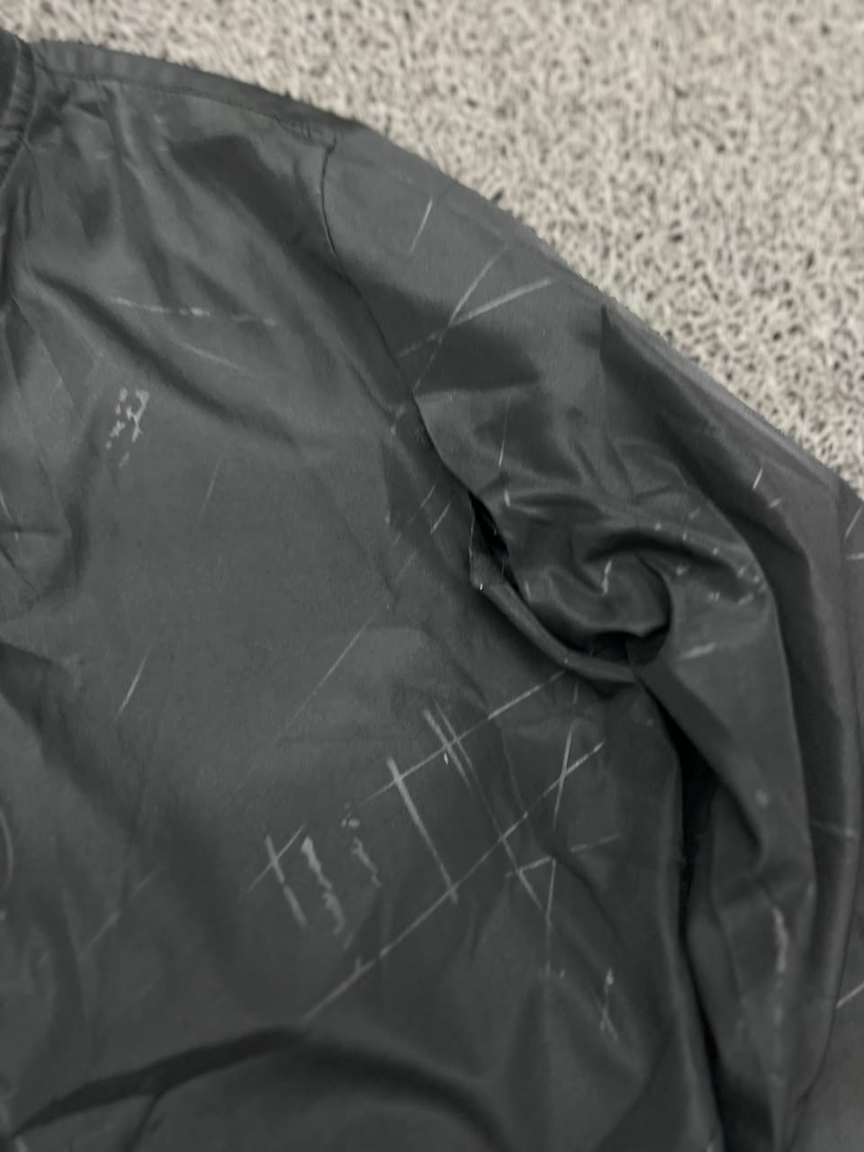 Black Bomber Jacket – Minimal Print | ⚠️ No Zip | Small Scratch