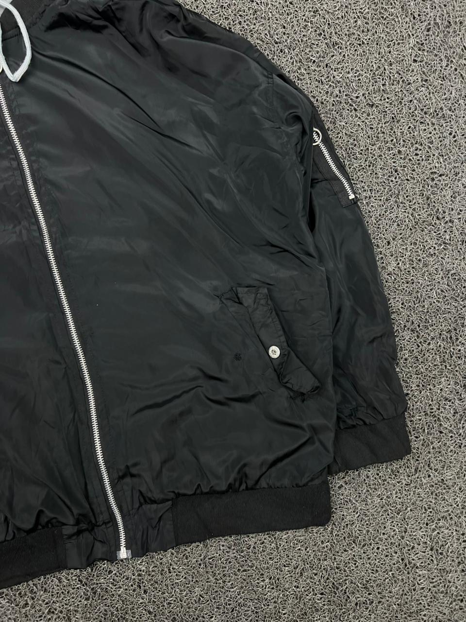 Black Hooded Bomber Jacket – Lightweight Zip-Up | Thrifted Vintage
