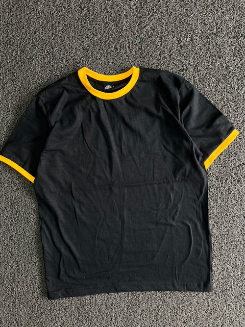 Black T-Shirt with Contrast Yellow Collar & Sleeve Trim