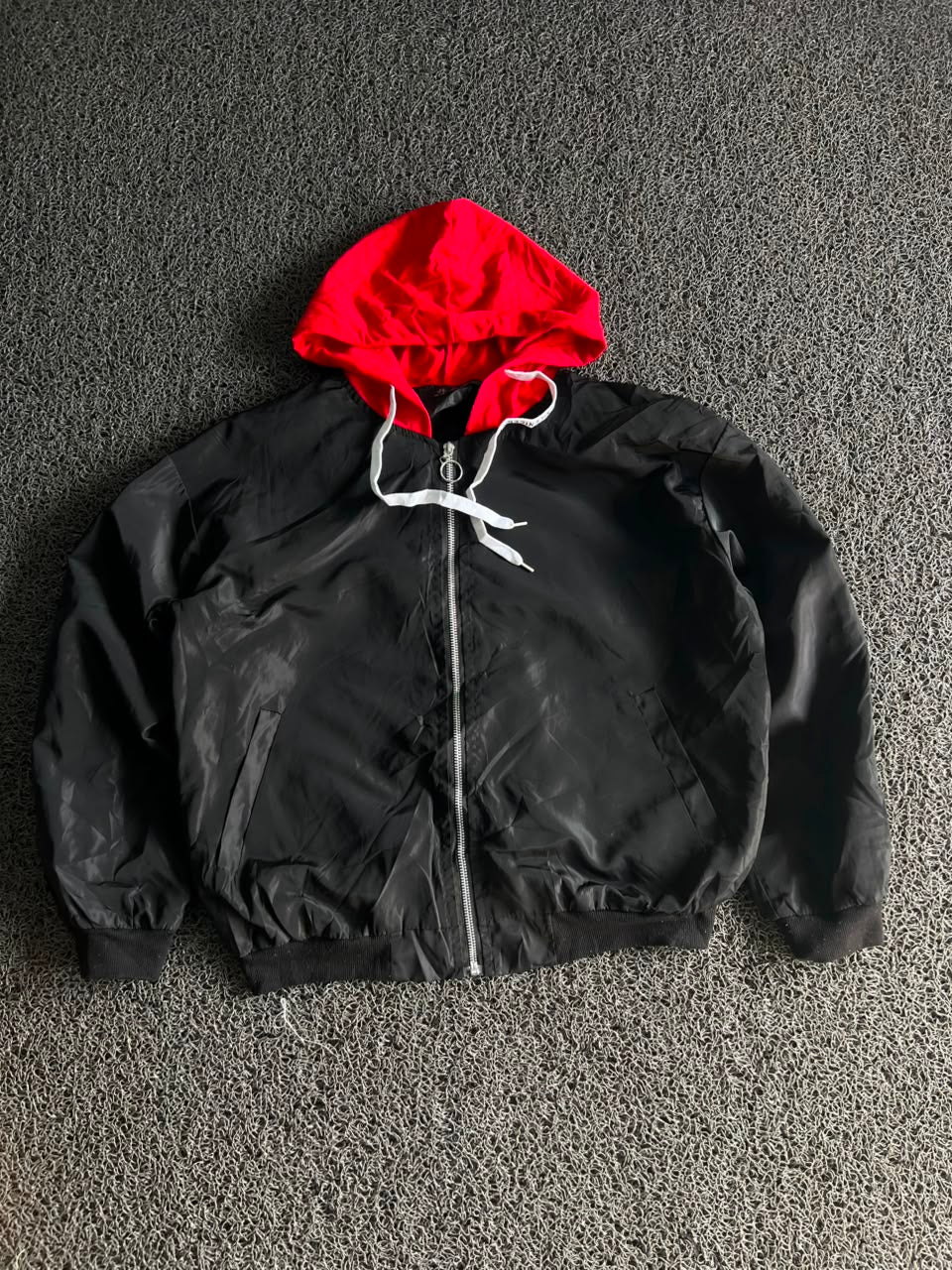 Black Hooded Bomber Jacket – Red Contrast Hood | Lightweight Zip-Up Windbreaker
