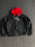 Black Hooded Bomber Jacket – Red Contrast Hood | Lightweight Zip-Up Windbreaker