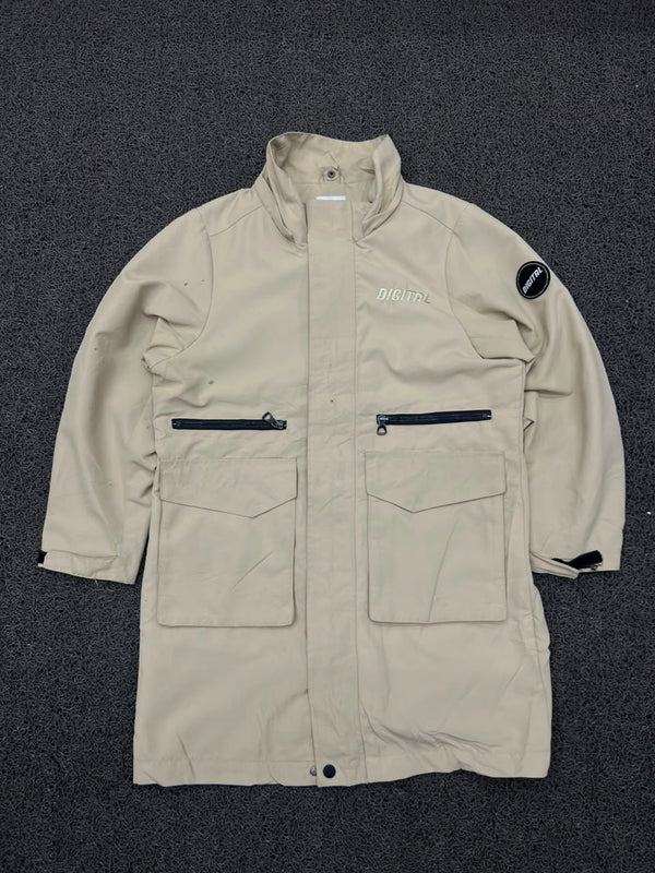 Vintage Digital Utility Parka Jacket – Beige Multi Pocket Zip-Up Windbreaker Coat
