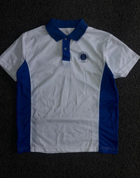 White & Blue Contrast Panel Polo T-Shirt with School Logo – Short Sleeve