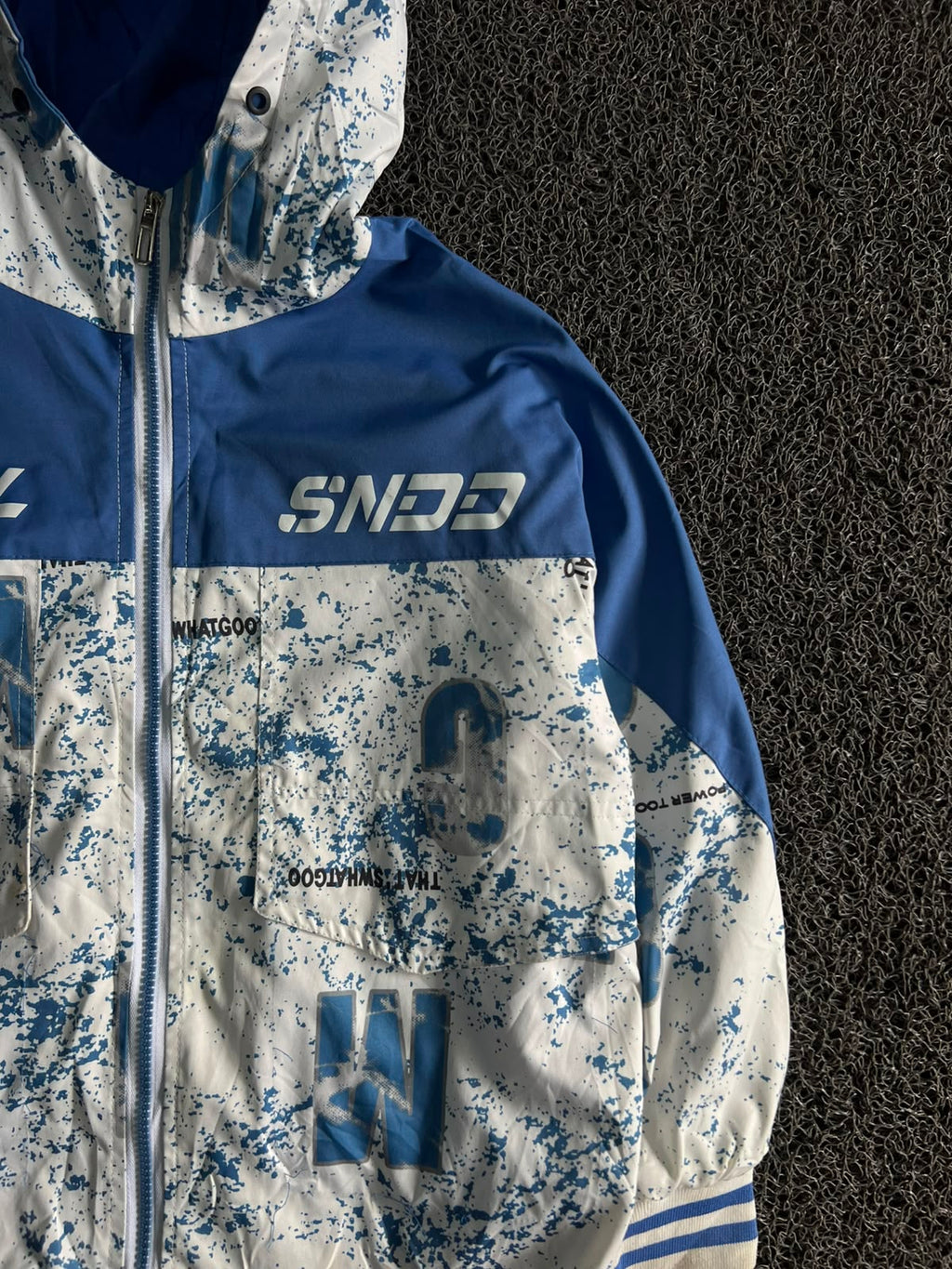Blue & White Graphic Print Hooded Windbreaker Jacket