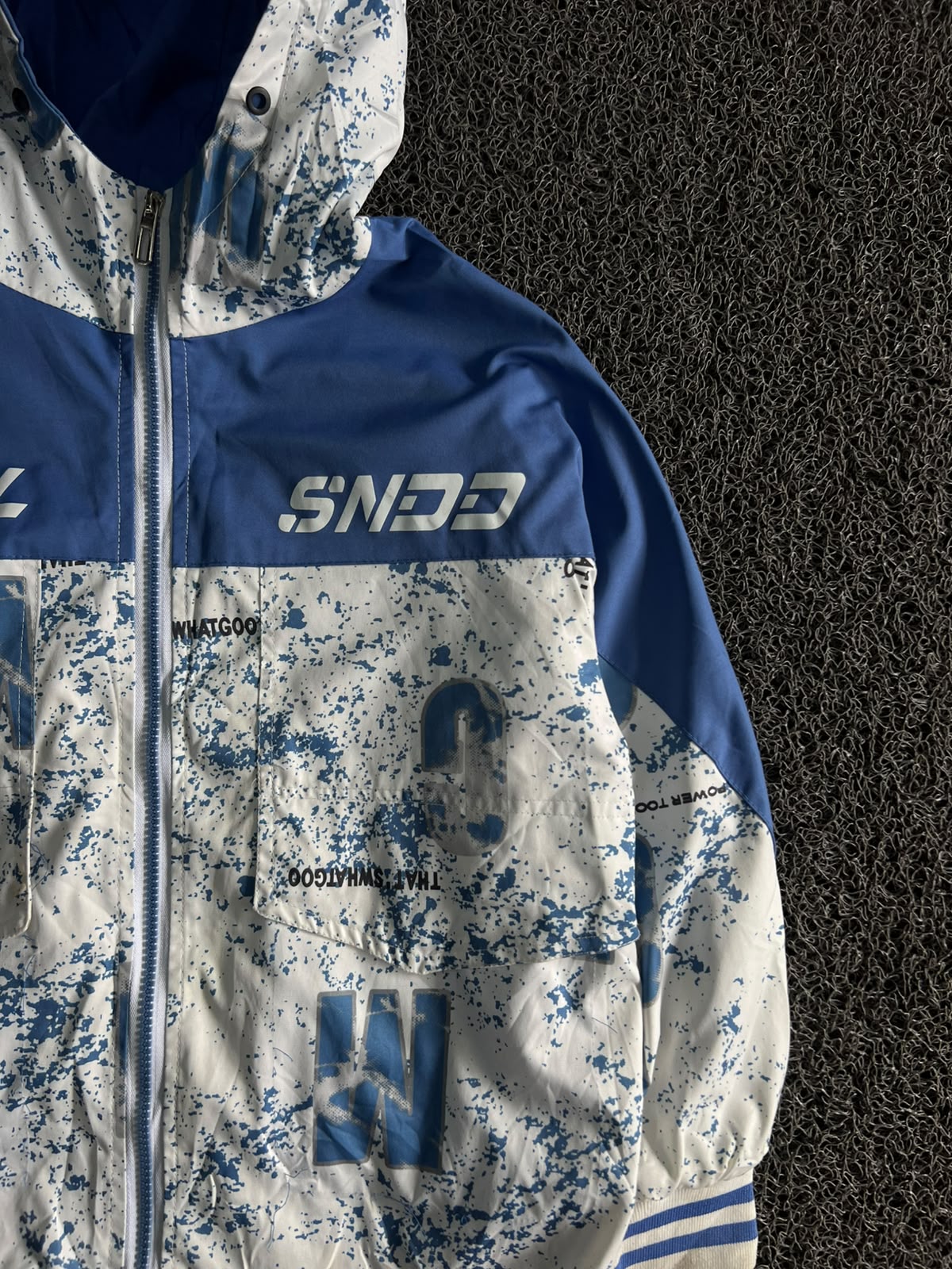 Blue & White Graphic Print Hooded Windbreaker Jacket