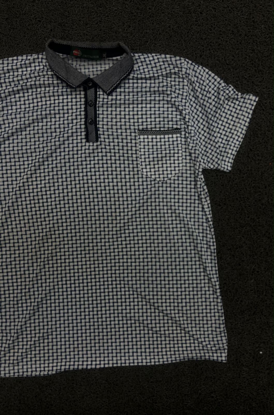 Checkered Pattern Polo T-Shirt with Contrast Collar & Chest Pocket