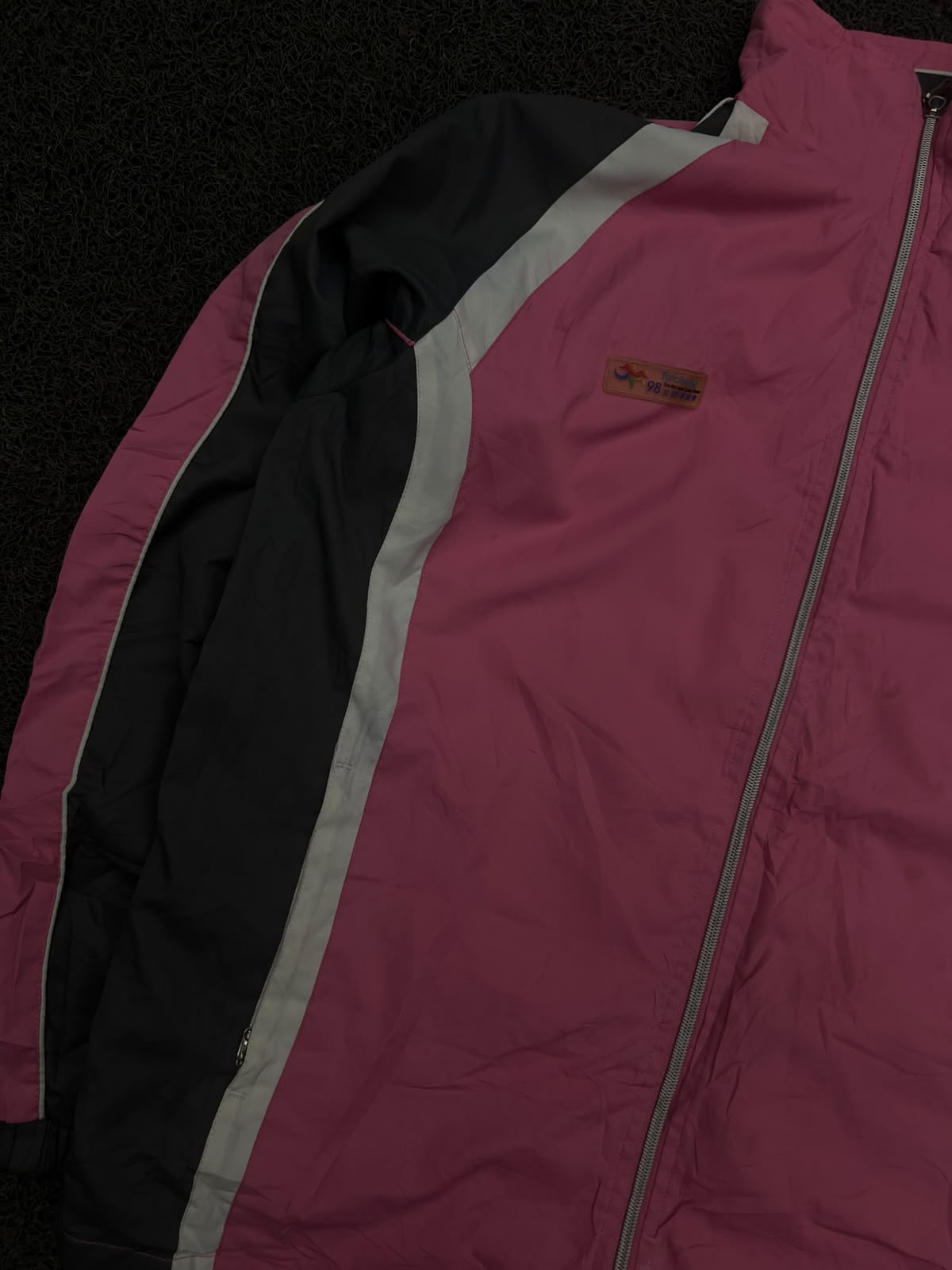 Pink & Black Retro Colorblock Track Jacket with White Panels & Zip Front