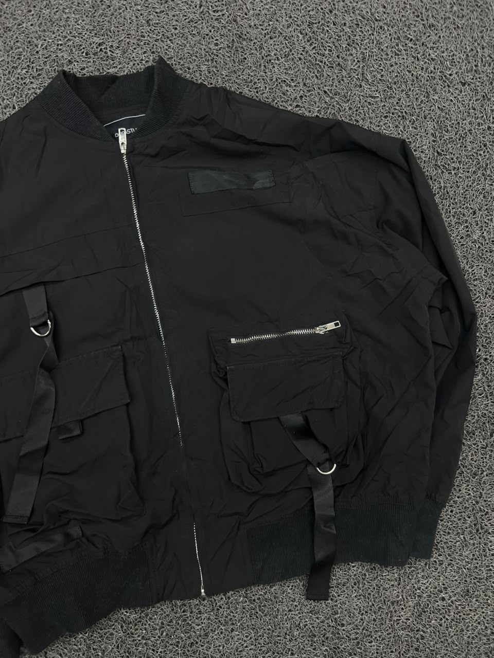 Black Techwear Multi-Pocket Utility Bomber Jacket