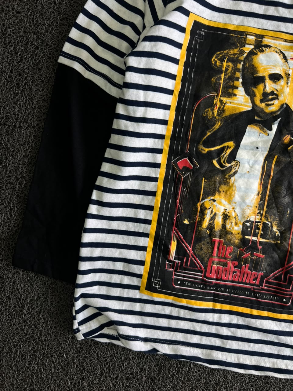 Black & White Striped Graphic T-Shirt with “The Godfather” Front Print