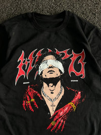 Black Gothic Graphic Print T-Shirt – Red & White Blindfolded Figure Design