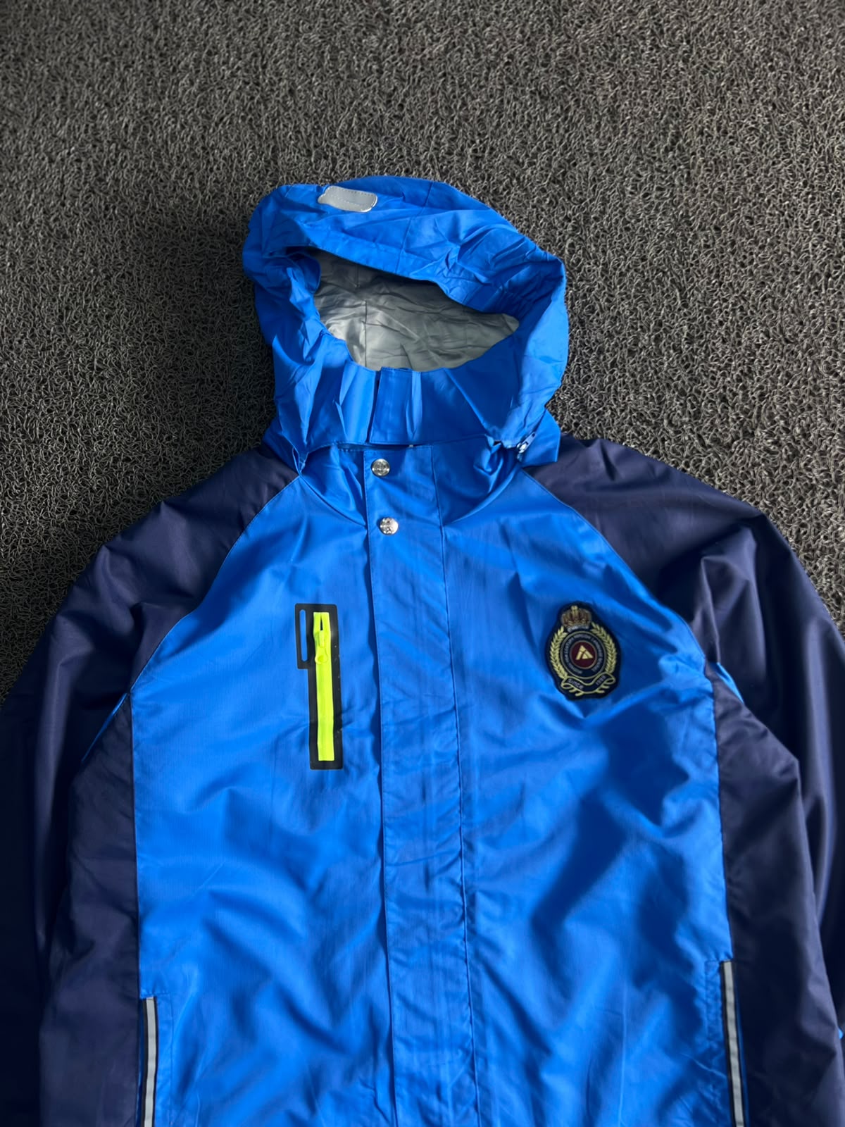Blue Hooded Waterproof Rain Jacket with Reflective Details