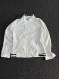White Lightweight Zip-Up Jacket with Navy Stripe Hem Detail