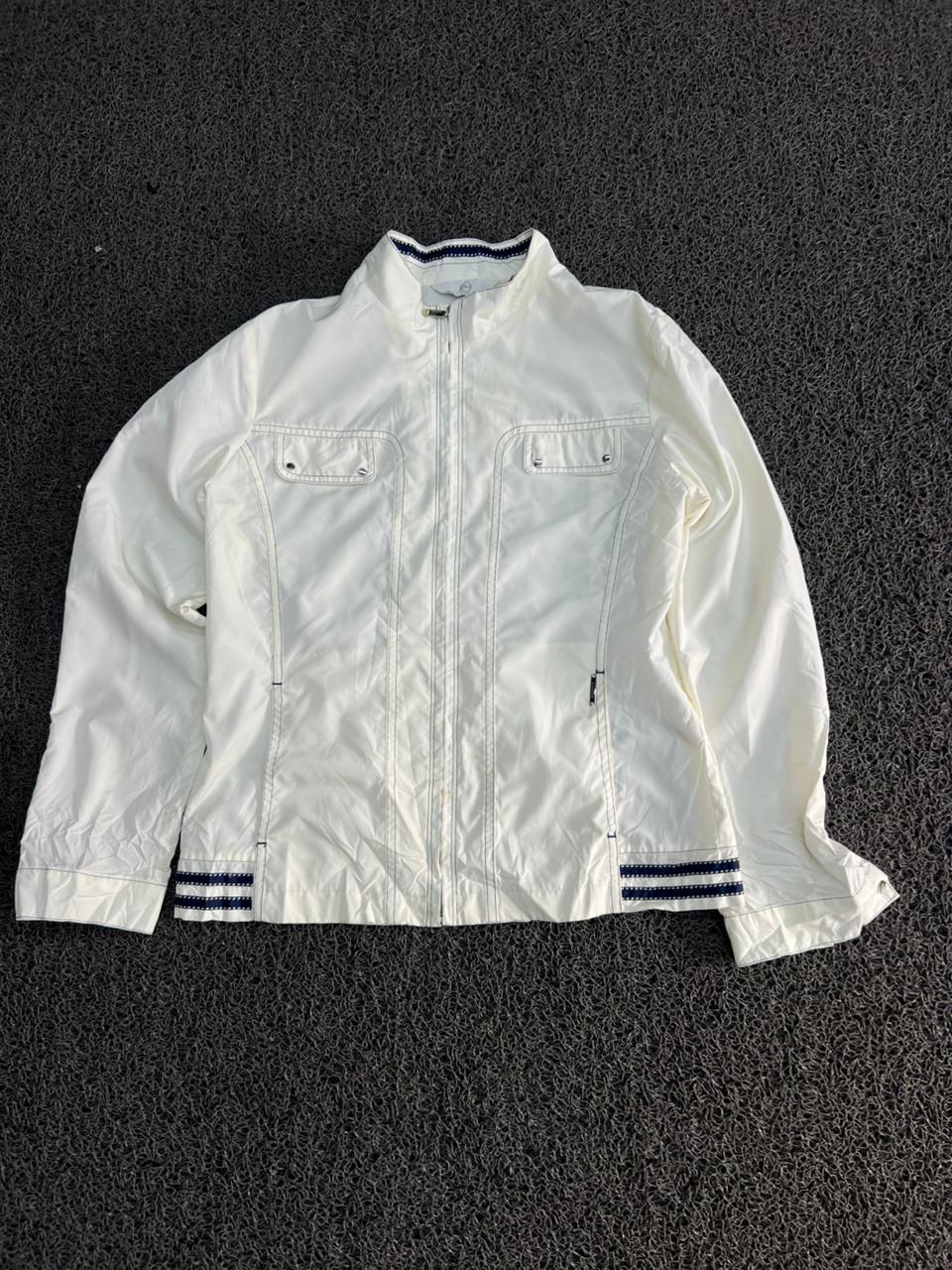 White Lightweight Zip-Up Jacket with Navy Stripe Hem Detail
