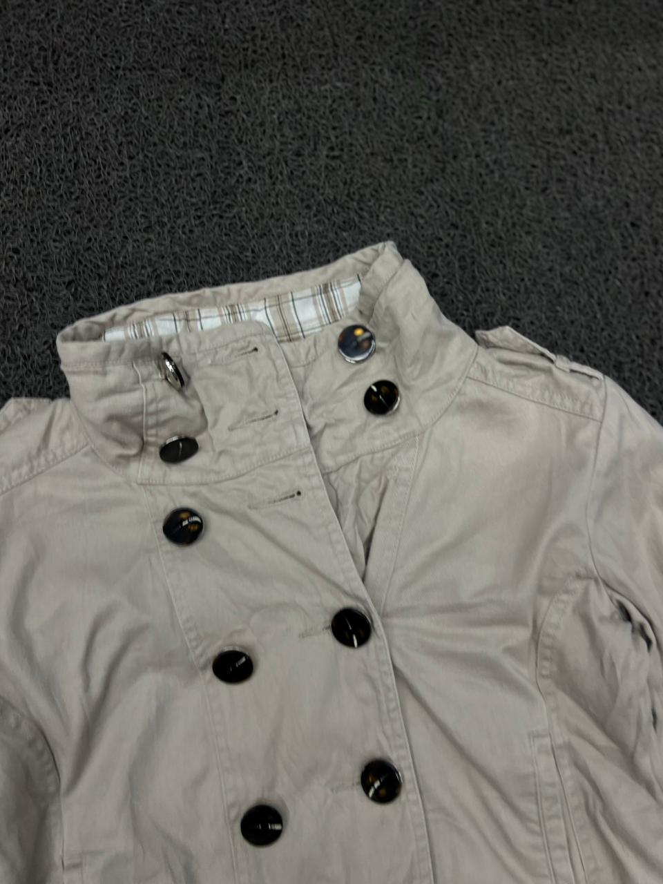 Beige Double-Breasted Cropped High Neck Jacket