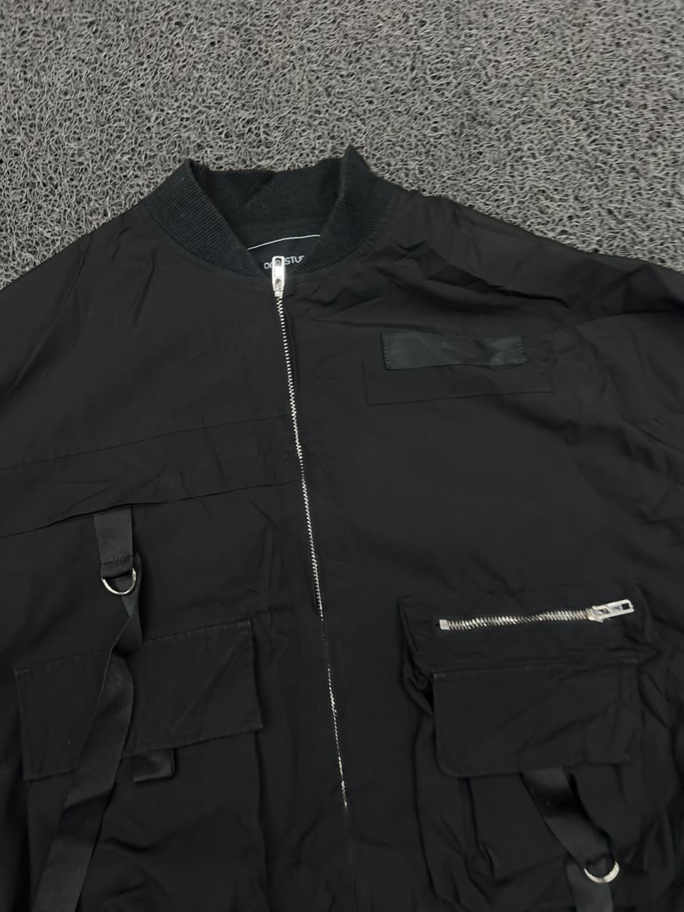 Black Techwear Multi-Pocket Utility Bomber Jacket