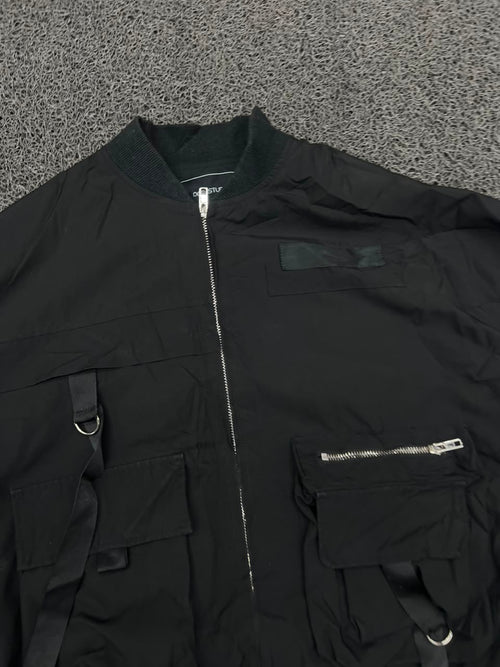 Black Techwear Multi-Pocket Utility Bomber Jacket