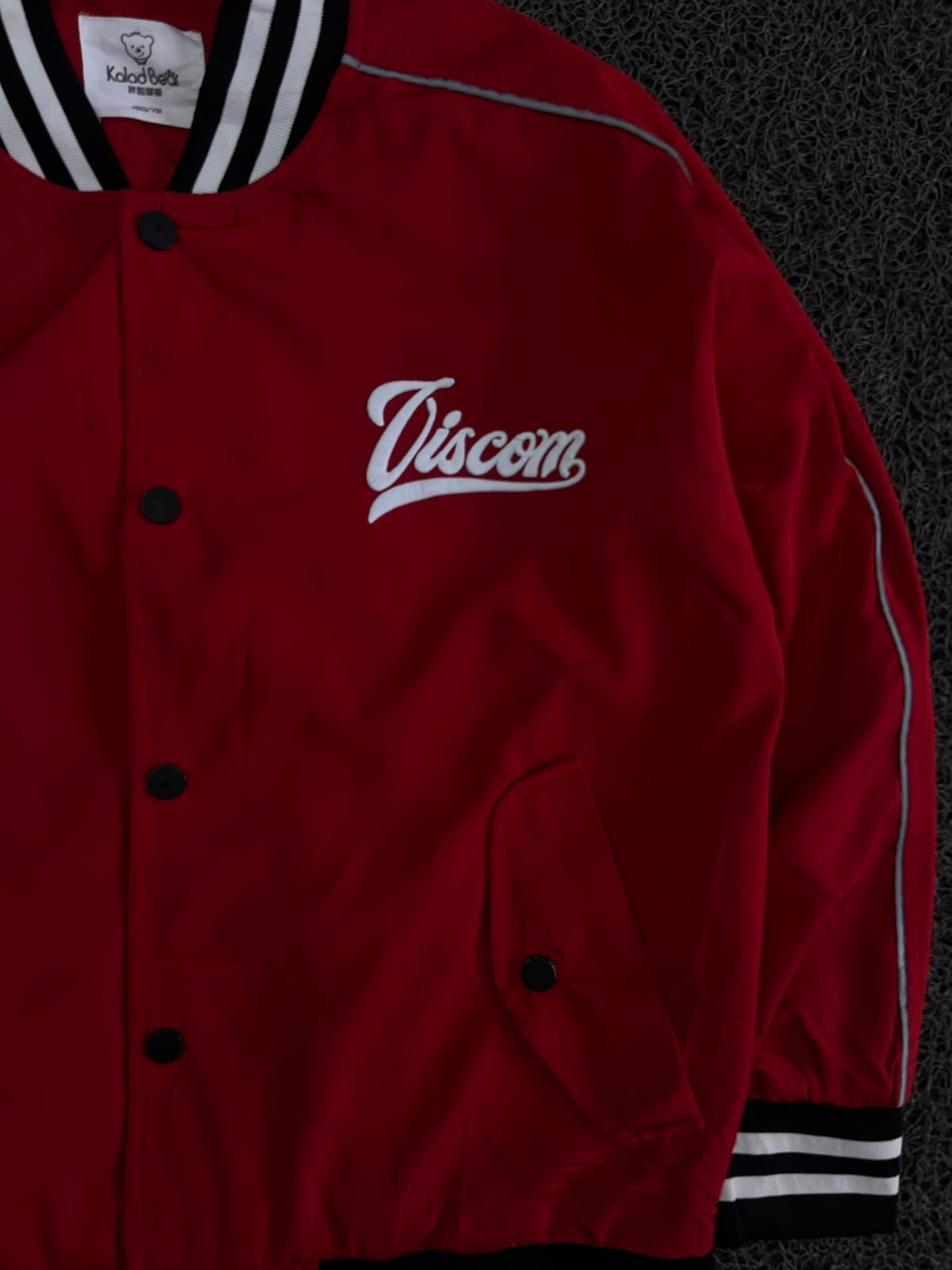 Viscom Red Varsity Bomber Jacket with Graphic Print ⚠️ Button Missing and Pen Marks