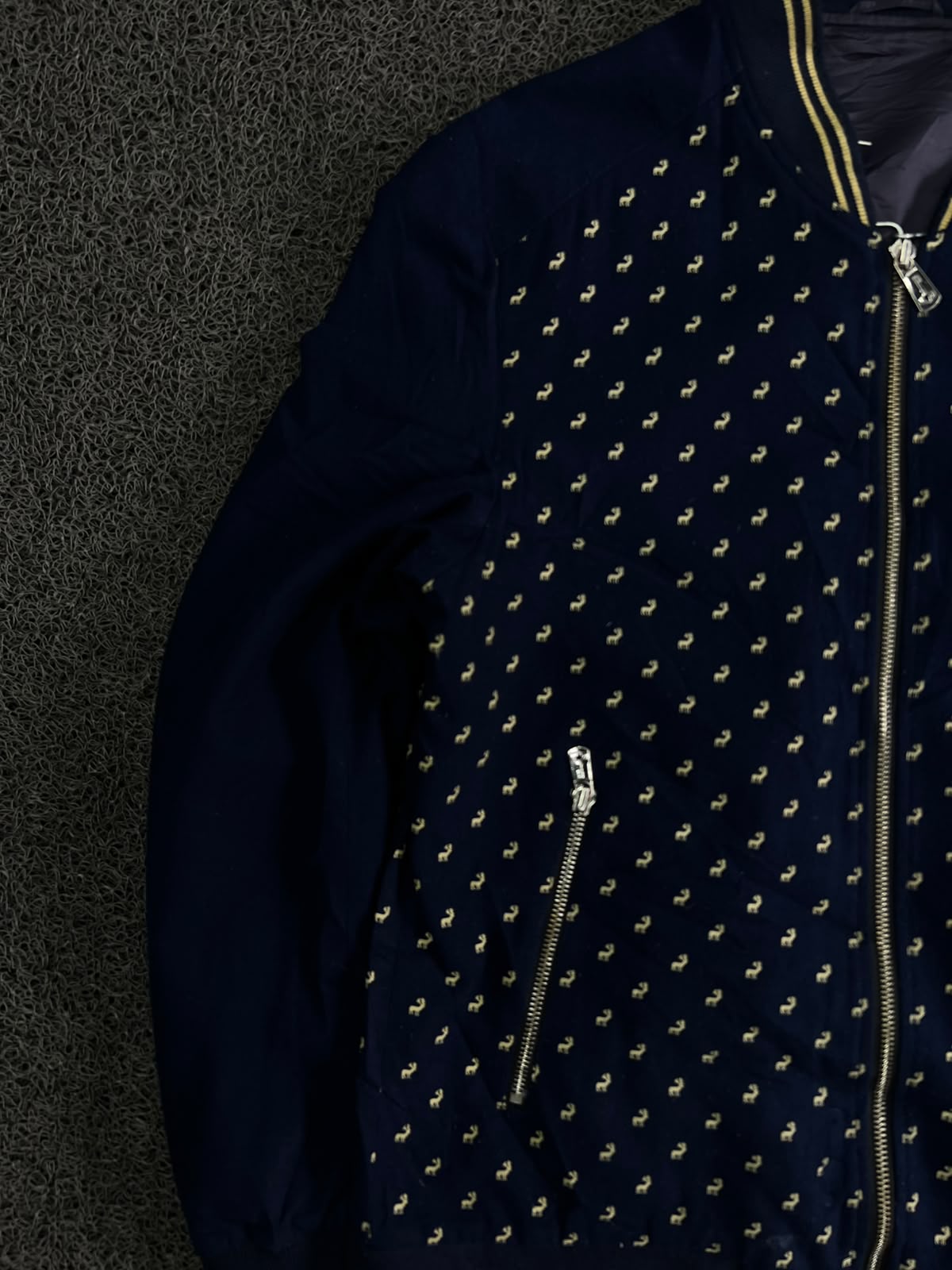 Navy Blue Patterned Bomber Jacket with Contrast Ribbed Trim