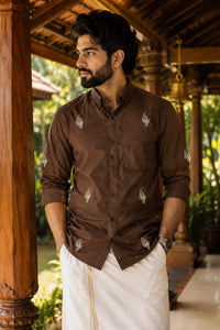 Chally Brown Leaf Embroidery Button-Down Shirt