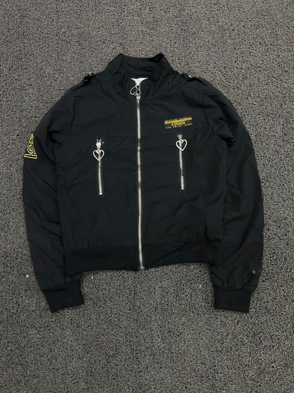Black Utility Zip-Up Bomber Jacket with Heart Pocket Detail