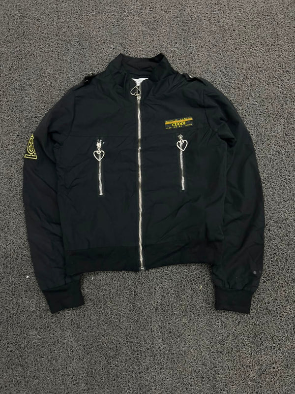 Black Utility Zip-Up Bomber Jacket with Heart Pocket Detail