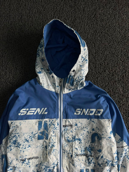Blue & White Graphic Print Hooded Windbreaker Jacket