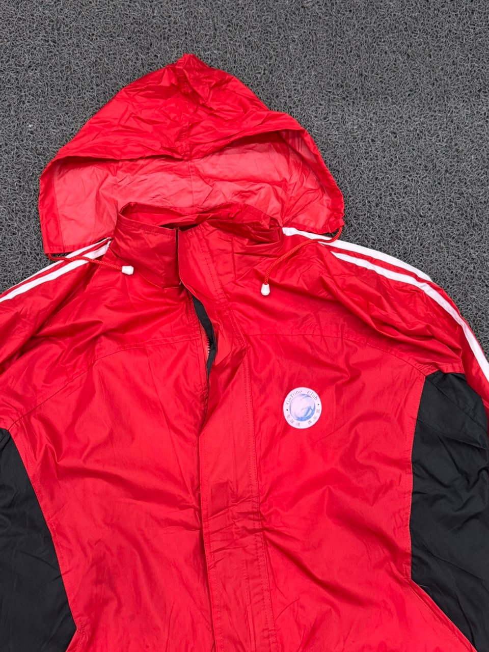Men's Red Hooded Windbreaker Jacket with Stripe Detail