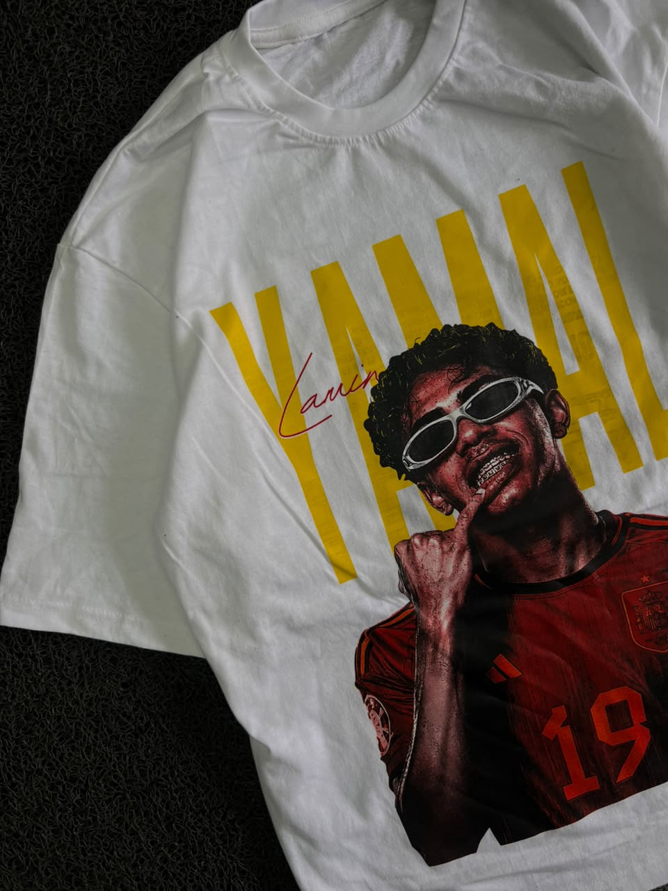 White Graphic T-Shirt with Yellow “YAMAL” Print & Football Player Graphic