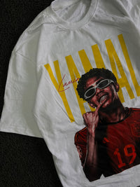 White Graphic T-Shirt with Yellow “YAMAL” Print & Football Player Graphic