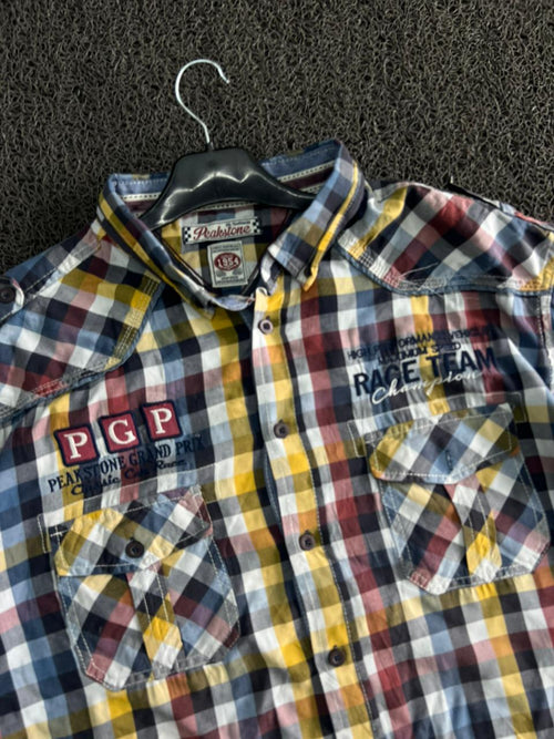 Thrift Peakstone Grand Prix Plaid Short Sleeve Button-Up Shirt