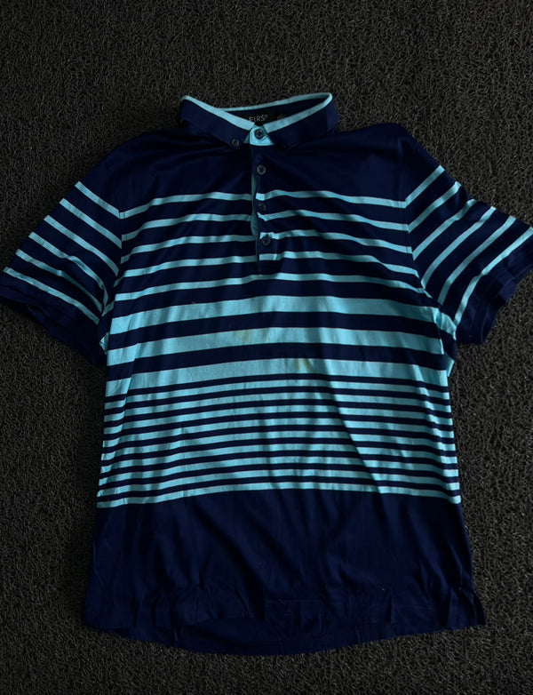 Blue Striped Polo T-Shirt with Contrast Collar & Short Sleeves – Casual Polo ⚠️ Small Stains