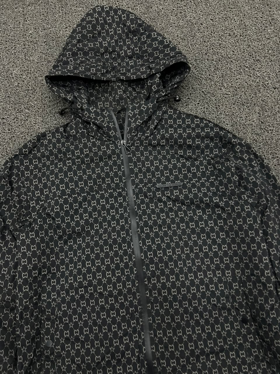 Black Monogram Print Hooded Windbreaker Jacket – Full Zip Lightweight Streetwear