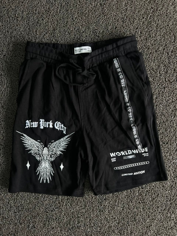 Riot Empire New York City Graphic Shorts –Eagle Print Drawstring Streetwear Shorts