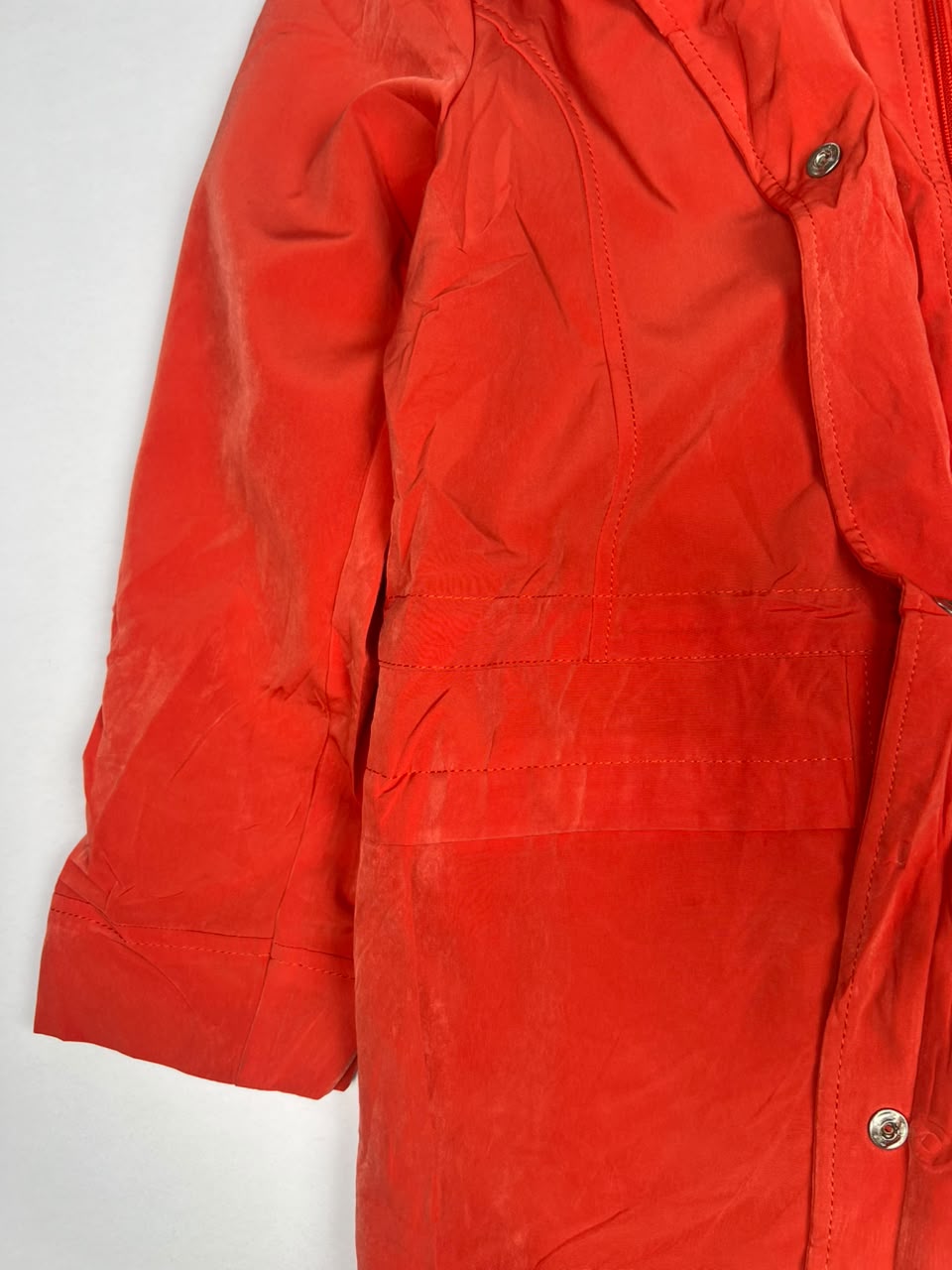 Red Long Hooded Winter Jacket with Front Zip and Button Closure