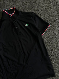 Black Contrast Stripe Collar Polo T-Shirt with Embroidered Crocodile Logo