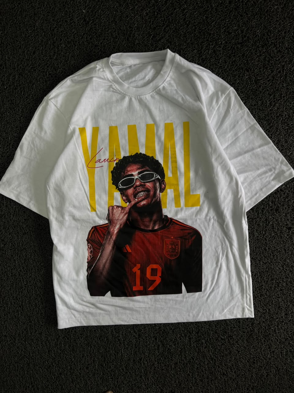 White Graphic T-Shirt with Yellow “YAMAL” Print & Football Player Graphic