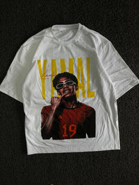 White Graphic T-Shirt with Yellow “YAMAL” Print & Football Player Graphic