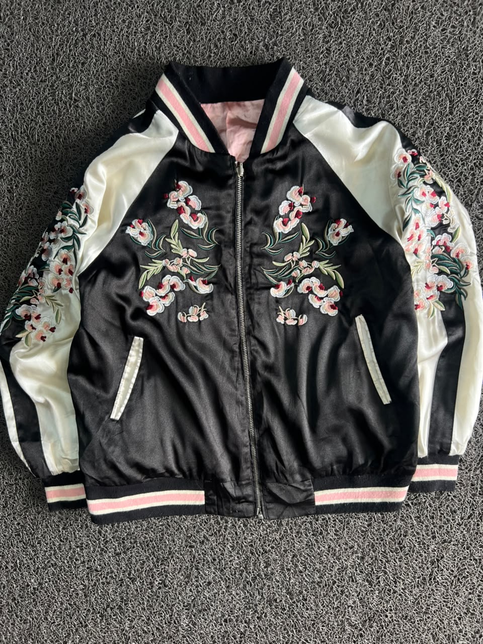 Reversible Floral Embroidered Satin Bomber Jacket – Black & Pink