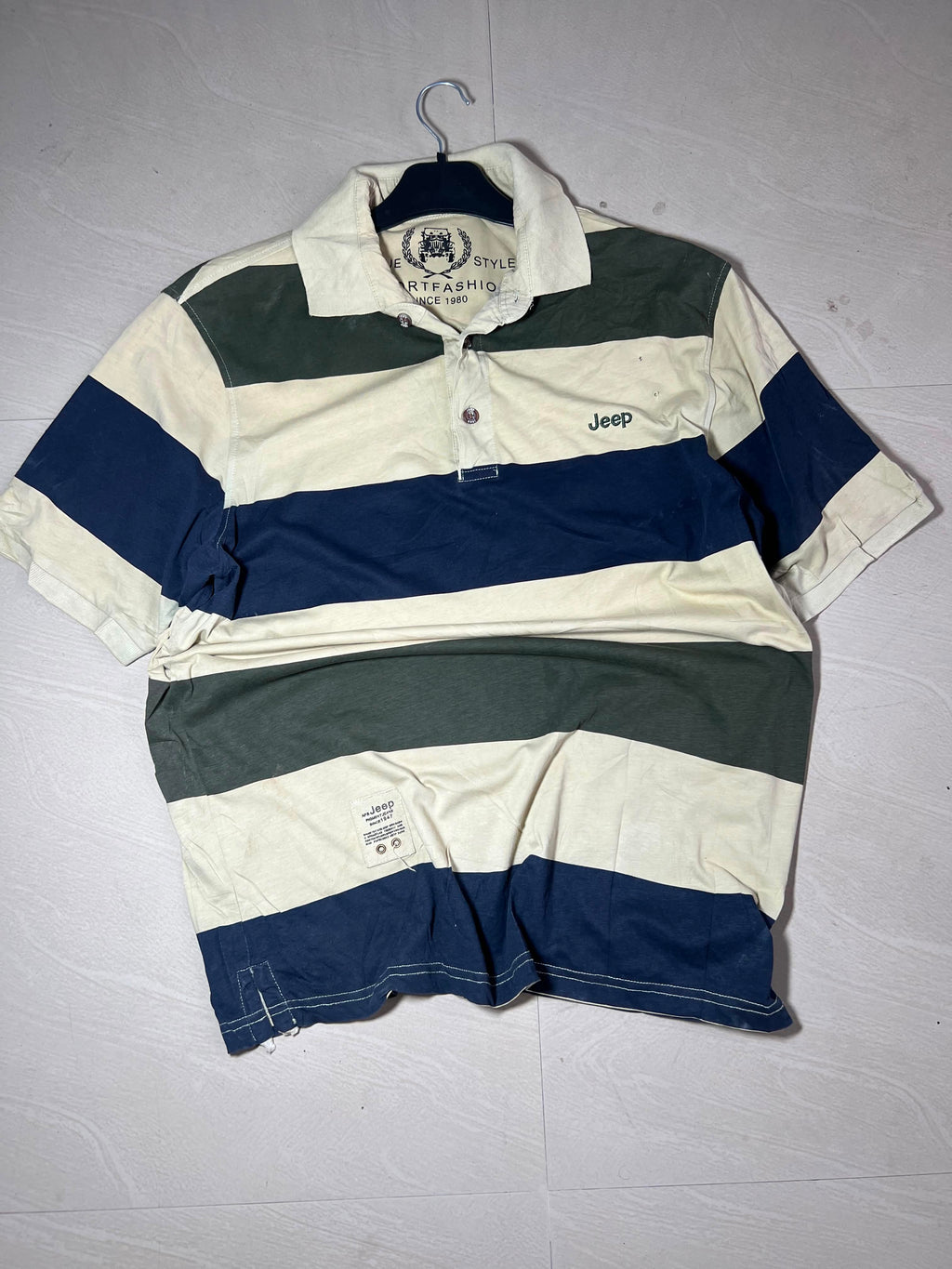 Vintage Jeep Striped Polo T-Shirt – Cream, Navy & Olive Green