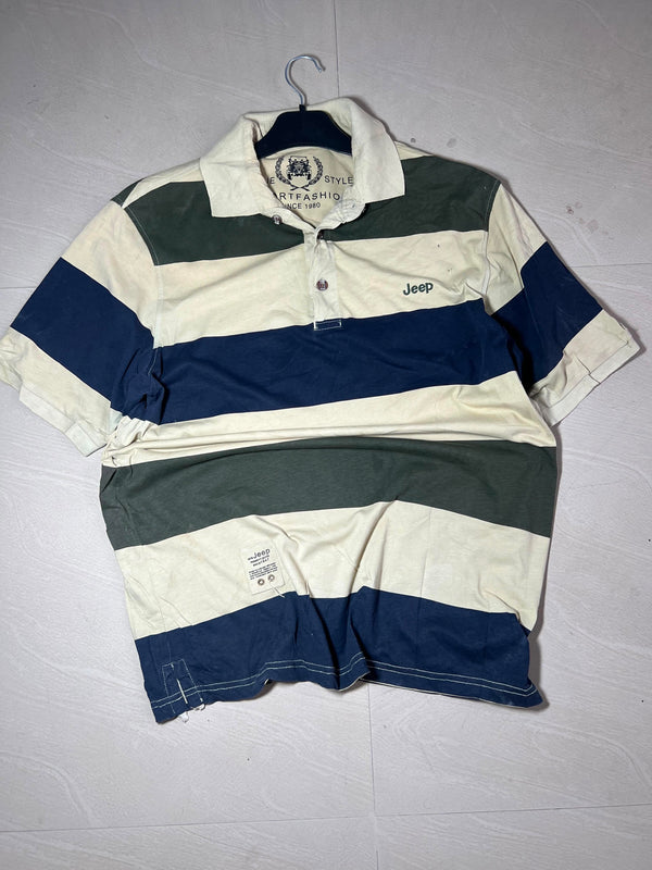 Vintage Jeep Striped Polo T-Shirt – Cream, Navy & Olive Green