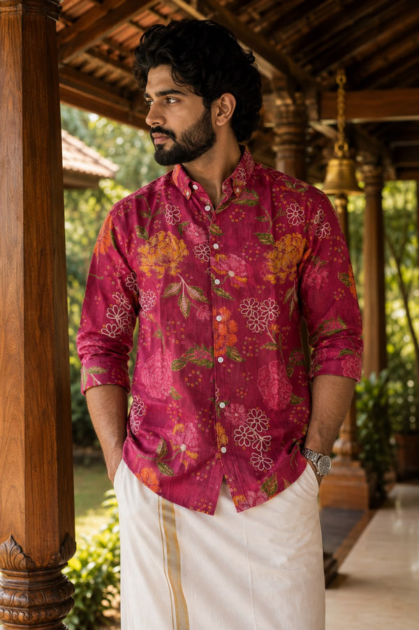 Floral Print Button-Up Shirt – Pink Long Sleeve Casual shirts