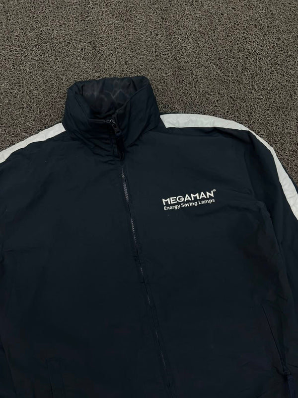 MEGAMAN Black Full Zip Windbreaker Jacket with White Sleeve Stripes