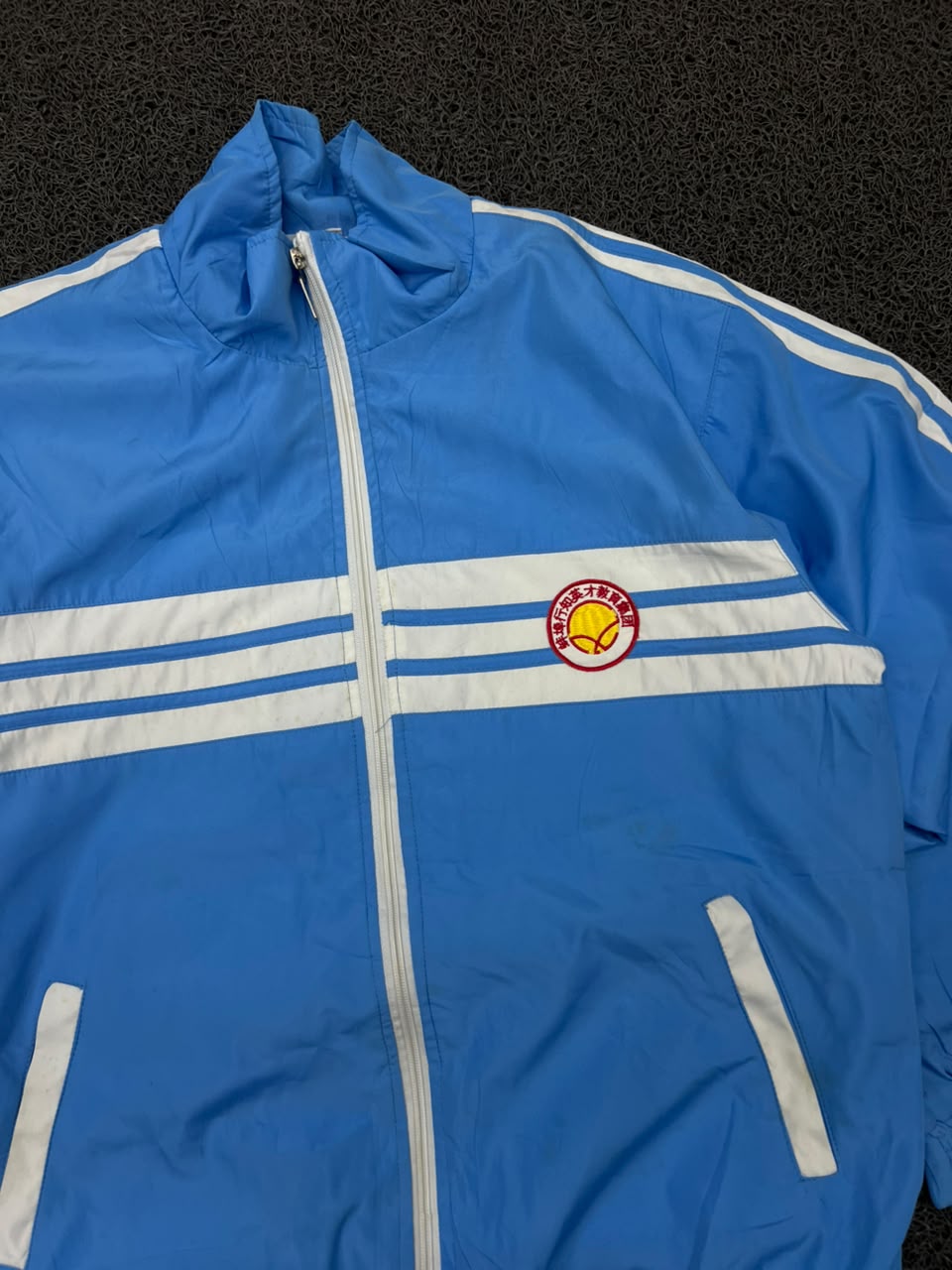 Vintage Blue Shell Track Jacket with White Stripes – Full Zip Sports Windbreaker
