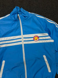 Vintage Blue Shell Track Jacket with White Stripes – Full Zip Sports Windbreaker