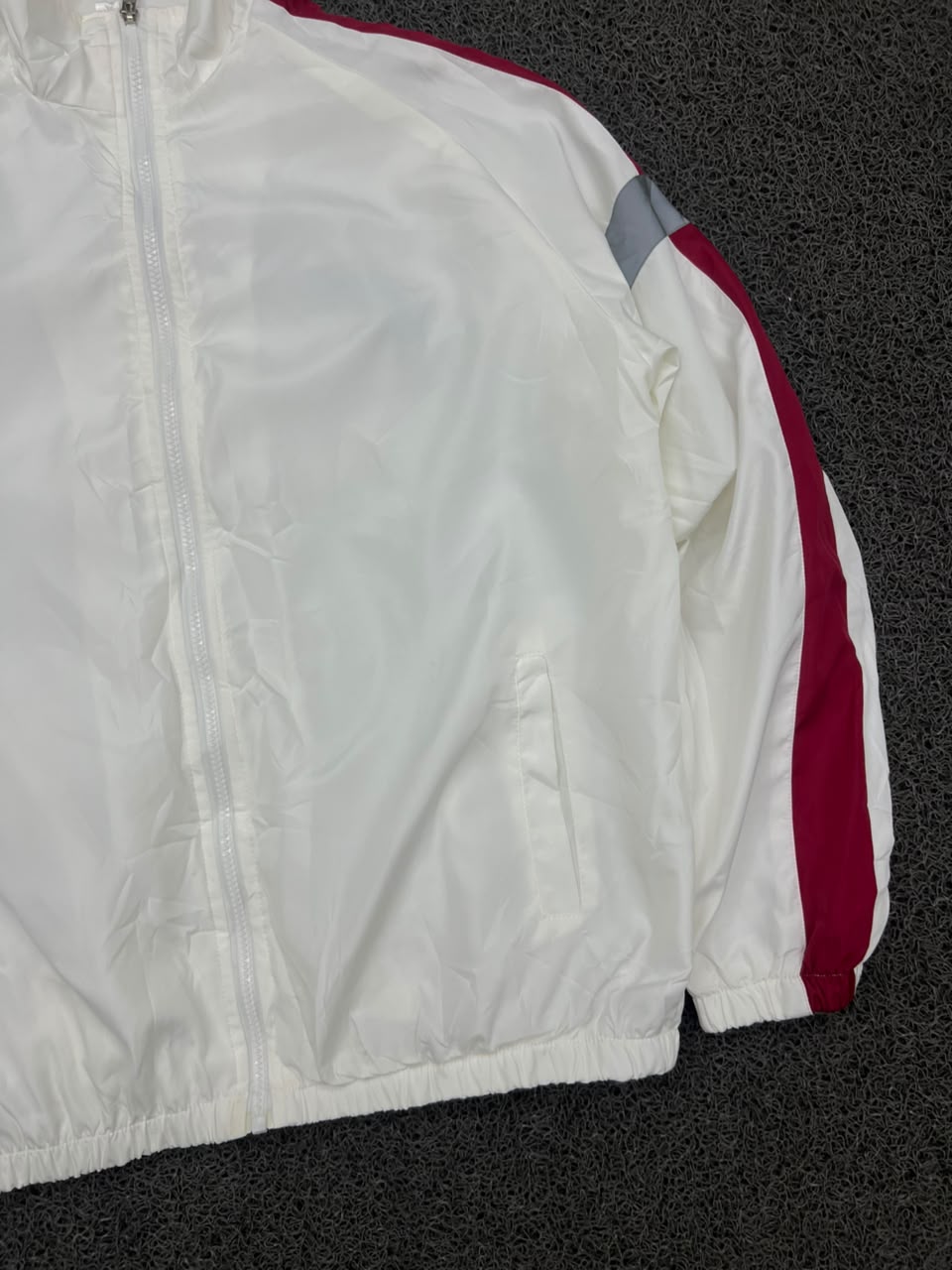 Vintage White Track Jacket with Red Sleeve Stripes