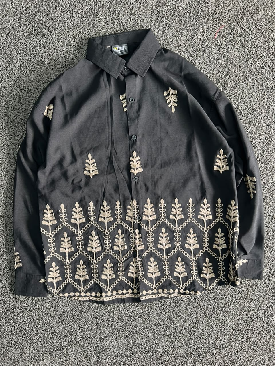 Black Embroidered Leaf Pattern Button-Up Oversized Shirt