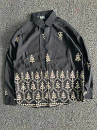 Black Embroidered Leaf Pattern Button-Up Oversized Shirt