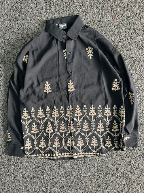 Black Embroidered Leaf Pattern Button-Up Oversized Shirt
