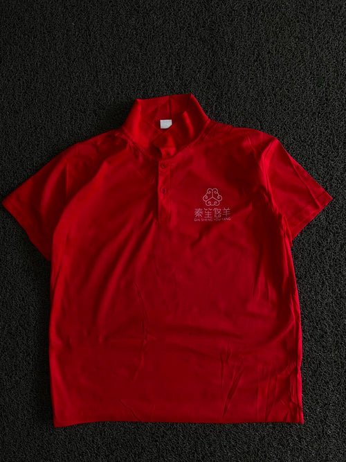 Vintage Red Collar Polo T-Shirt with Chinese Graphic Print – Thriftwear