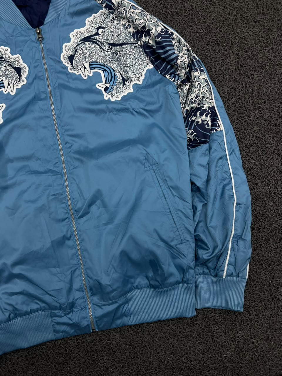 Blue Japanese Wave Tiger Embroidered Bomber Jacket